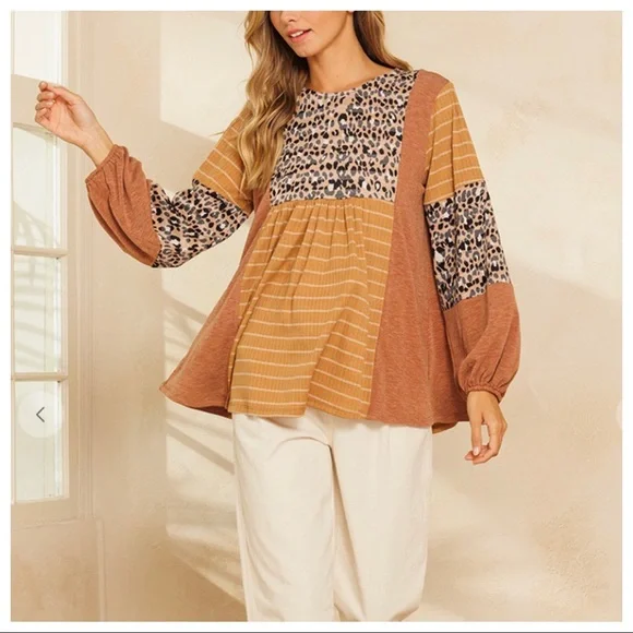 #26 Long Sleeves Color Block Boho Chic Floral Top - Picture 5 of 6